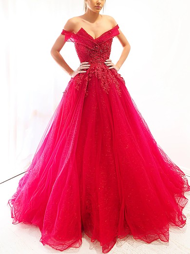 Ball Gown Off-the-shoulder Tulle Sweep Train Prom Dresses With Appliques Lace #UKM020116725