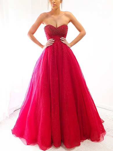 Ball Gown Sweetheart Tulle Sweep Train Prom Dresses With Appliques Lace #UKM020116726