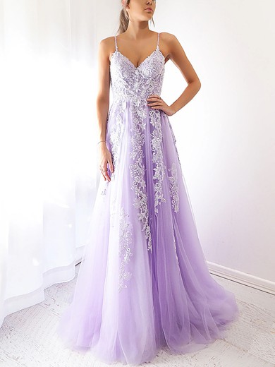 Ball Gown V-neck Tulle Sweep Train Appliques Lace Prom Dresses #UKM020116730