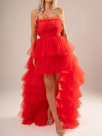 Ball Gown Strapless Tulle Ruffle Tiered Prom Dresses #UKM020116734
