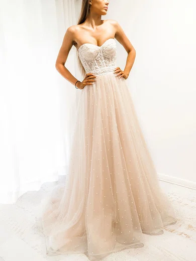 Ball Gown Sweetheart Tulle Sweep Train Prom Dresses With Pearl Detailing #UKM020116735