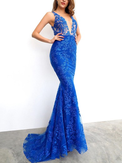 Trumpet/Mermaid V-neck Tulle Sweep Train Appliques Lace Prom Dresses #UKM020116744