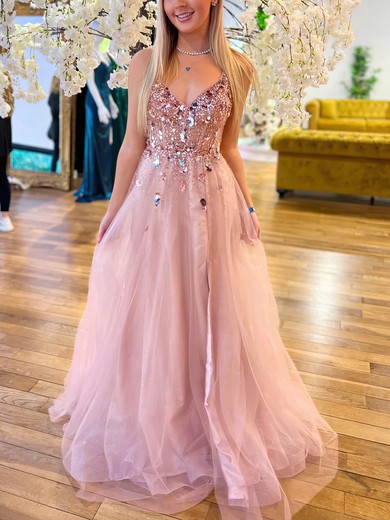 Ball Gown V-neck Tulle Sweep Train Beading Prom Dresses #UKM020116754