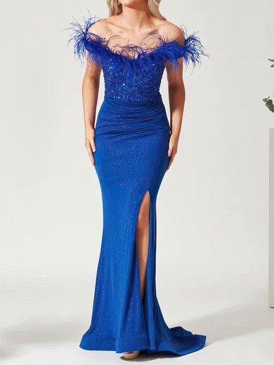 Sheath/Column Off-the-shoulder Shimmer Crepe Sweep Train Feathers / Fur Prom Dresses #UKM020116757