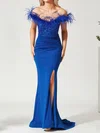 Sheath/Column Off-the-shoulder Glitter Prom Dresses With Feather #UKM020116757