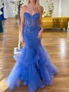 Mermaid Strapless Tulle Tiered Prom Dresses With Appliques #UKM020116760