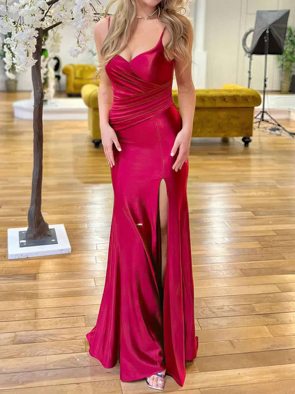 Sheath/Column Sweetheart Satin Prom Dresses With Ruched #UKM020116766