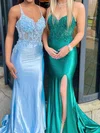 Sheath/Column V-neck Satin 3D Floral Prom Dresses With Appliques #UKM020116769