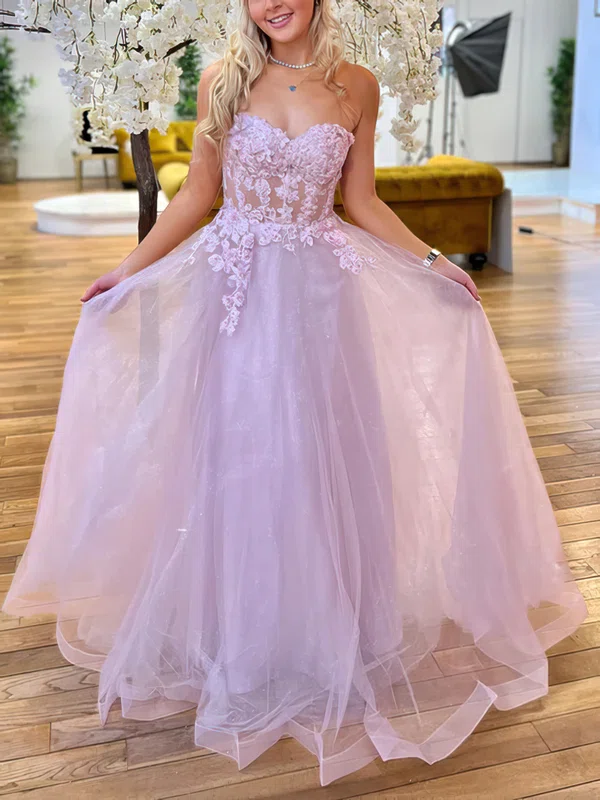Ball Gown Sweetheart Tulle Glitter Sweep Train Appliques Lace Prom Dresses #UKM020116787