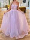 Ball Gown Sweetheart Tulle Glitter Sweep Train Appliques Lace Prom Dresses #UKM020116787