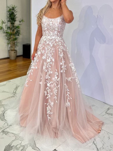 Ball Gown Scoop Neck Tulle Sweep Train Appliques Lace Prom Dresses #UKM020116792