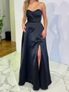 Black Ball Gown Satin Floor-length Strapless Prom Dresses #UKM020116794