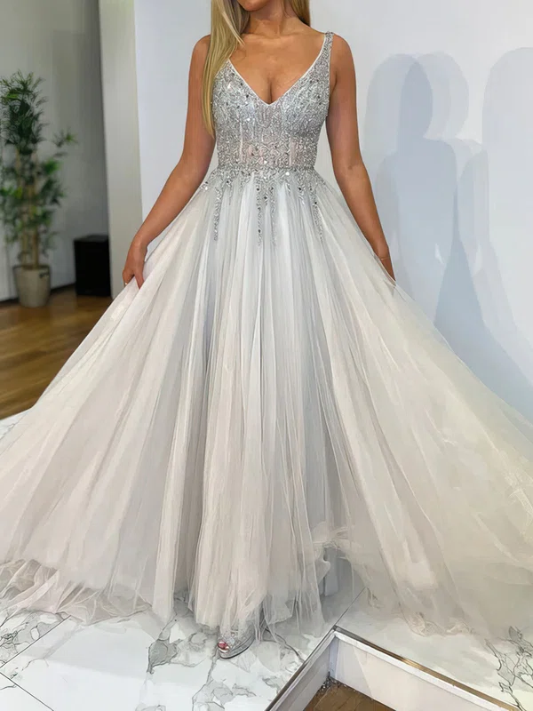 Ball Gown V-neck Tulle Prom Dresses With Beading #UKM020116797