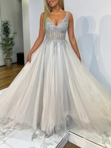 Ball Gown V-neck Tulle Sweep Train Beading Prom Dresses #UKM020116797