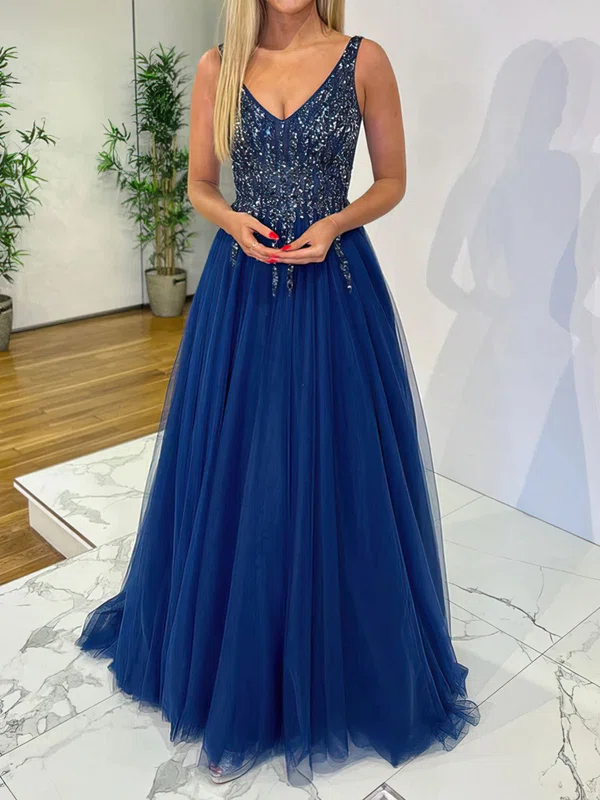 Ball Gown V-neck Tulle Prom Dresses With Beading #UKM020116798