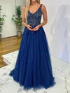 Ball Gown V-neck Tulle Prom Dresses With Beading #UKM020116798