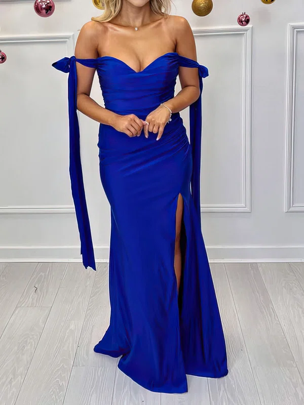 Sheath/Column Off-the-shoulder Satin Prom Dresses With Ruched #UKM020116804