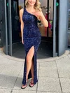 Sheath/Column One Shoulder Velvet Sequins Floor-length Split Front Prom Dresses #UKM020116809