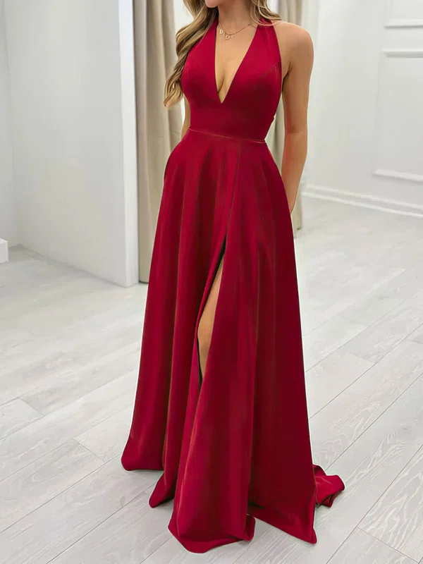 A-line V-neck Satin Prom Dresses With Split #UKM020116814