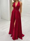 A-line V-neck Satin Prom Dresses With Split #UKM020116814