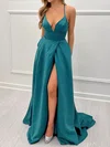 Ball Gown V-neck Satin Prom Dresses With Split #UKM020116815