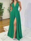 A-line V-neck Floor-length Satin Prom Dresses #UKM020116816