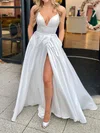 Ivory Ball Gown V-neck Satin Prom Dresses With Ruched #UKM020116818