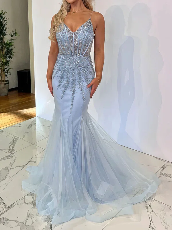 Mermaid V-neck Tulle Corset Prom Dresses With Beading #UKM020116822
