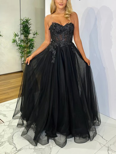 Ball Gown Sweetheart Tulle Sweep Train Prom Dresses With Appliques Lace #UKM020116829