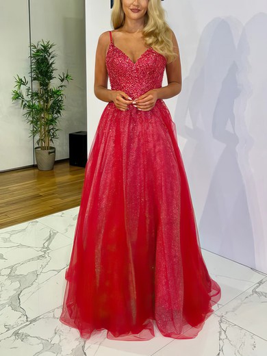 Ball Gown V-neck Tulle Glitter Sweep Train Prom Dresses With Beading #UKM020116834