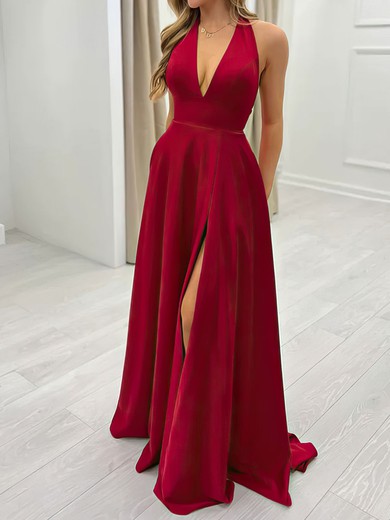 A-line Halter Satin Sweep Train Split Front Prom Dresses #UKM020116836