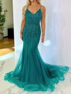 Mermaid V-neck Tulle Corset Prom Dresses With Beading #UKM020116842