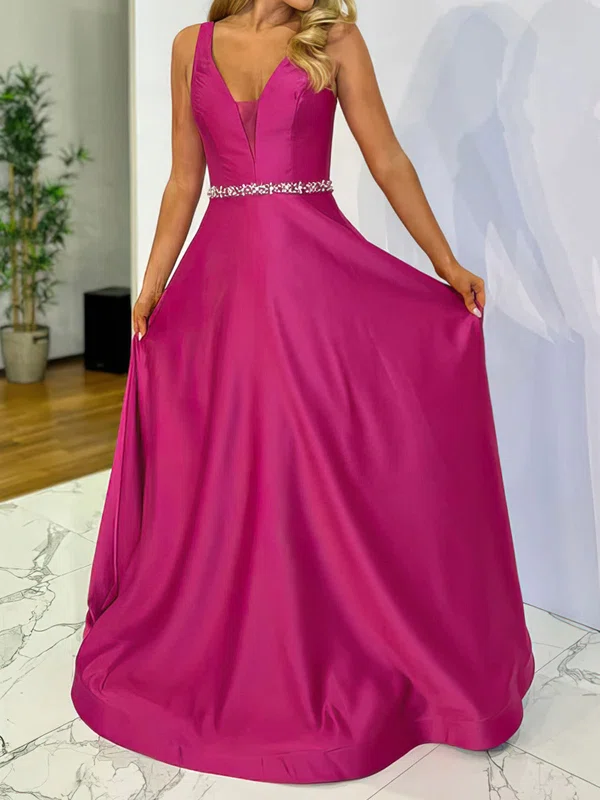 Ball Gown V-neck Satin Prom Dresses With Beading #UKM020116846