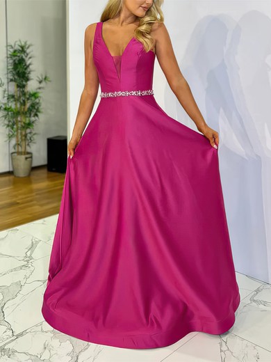 Ball Gown V-neck Satin Sweep Train Prom Dresses With Beading #UKM020116846