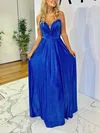 A-line V-neck Shimmer Crepe Floor-length Ruffles Prom Dresses #UKM020116847