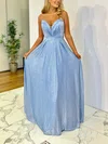 A-line V-neck Shimmer Crepe Floor-length Ruffles Prom Dresses #UKM020116849