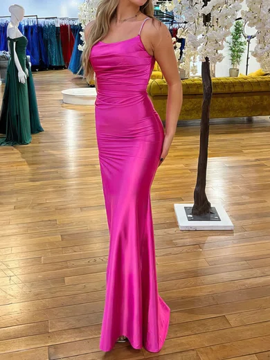 Sheath/Column Square Neck Satin Prom Dresses With Ruched #UKM020116851
