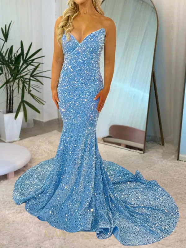 Mermaid V-neck Sparkly Velvet Sequin Prom Dresses #UKM020116852