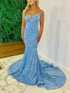 Trumpet/Mermaid V-neck Velvet Sequins Sweep Train Prom Dresses #UKM020116852