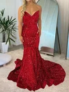 Mermaid V-neck Sparkly Velvet Sequin Prom Dresses #UKM020116854