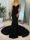 Black Mermaid V-neck Sparkly Velvet Sequin Prom Dresses #UKM020116855