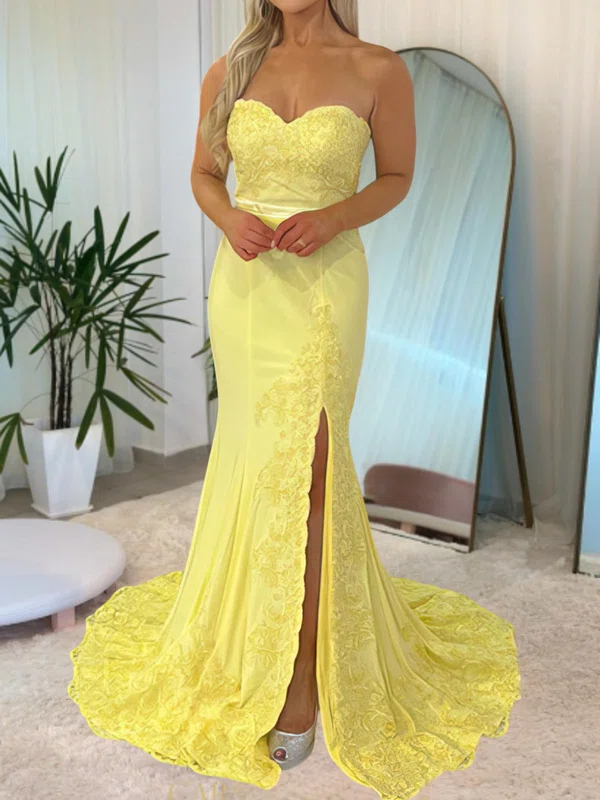 Mermaid Strapless Jersey Prom Dresses With Appliques #UKM020116857