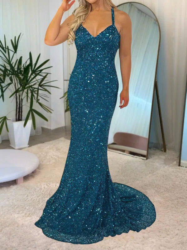 Mermaid V-neck Sparkly Sequin Prom Dresses #UKM020116864