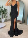 Black Sheath/Column V-neck Sparkly Sequin Prom Dresses #UKM020116865
