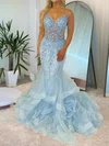 Mermaid V-neck Tulle Ruffle Tiered Prom Dresses With Appliques #UKM020116867