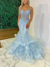 Trumpet/Mermaid V-neck Tulle Sweep Train Appliques Lace Prom Dresses #UKM020116867