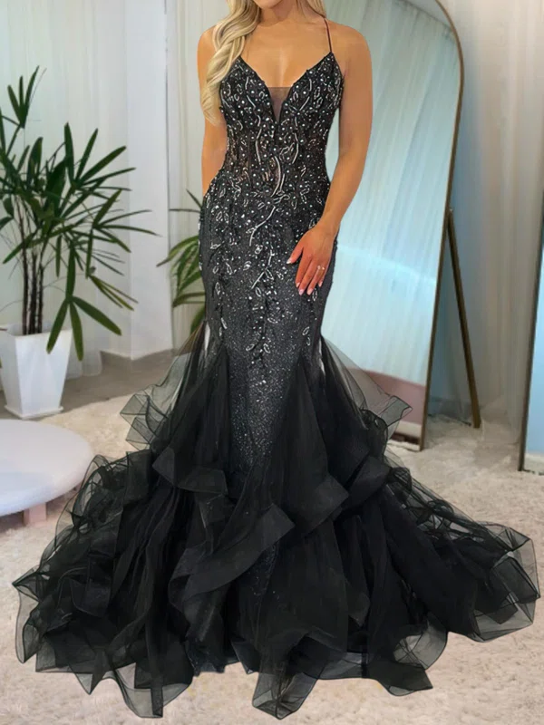 Mermaid V-neck Tulle Ruffle Tiered Prom Dresses With Appliques #UKM020116868