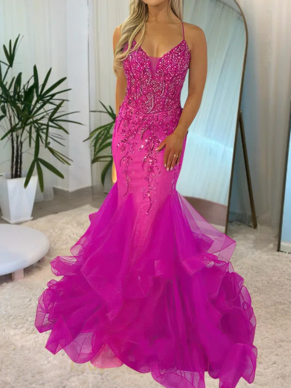 Mermaid V-neck Tulle Ruffle Tiered Prom Dresses With Appliques #UKM020116869