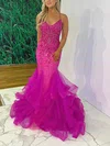 Trumpet/Mermaid V-neck Tulle Glitter Sweep Train Appliques Lace Prom Dresses #UKM020116869
