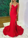 Trumpet/Mermaid V-neck Jersey Sweep Train Prom Dresses With Split Front #UKM020116872